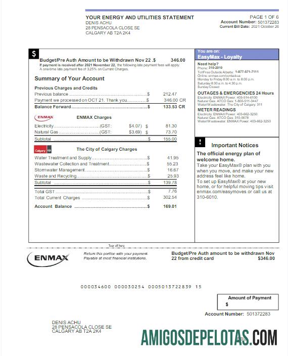 Para baixar modelo Word e PDF de fatura de serviços públicos ENMAX do CANADÁ